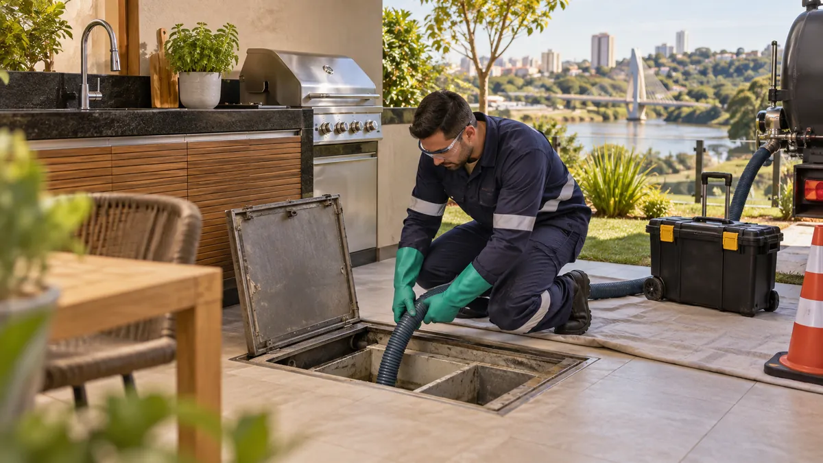 Técnico realizando limpeza profissional de caixa de gordura em Piracicaba