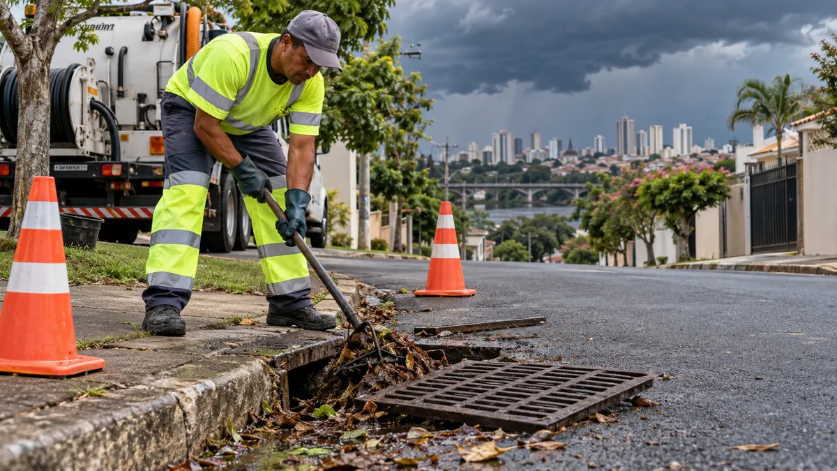 Profissional removendo folhas de boca de lobo antes da chuva em Piracicaba