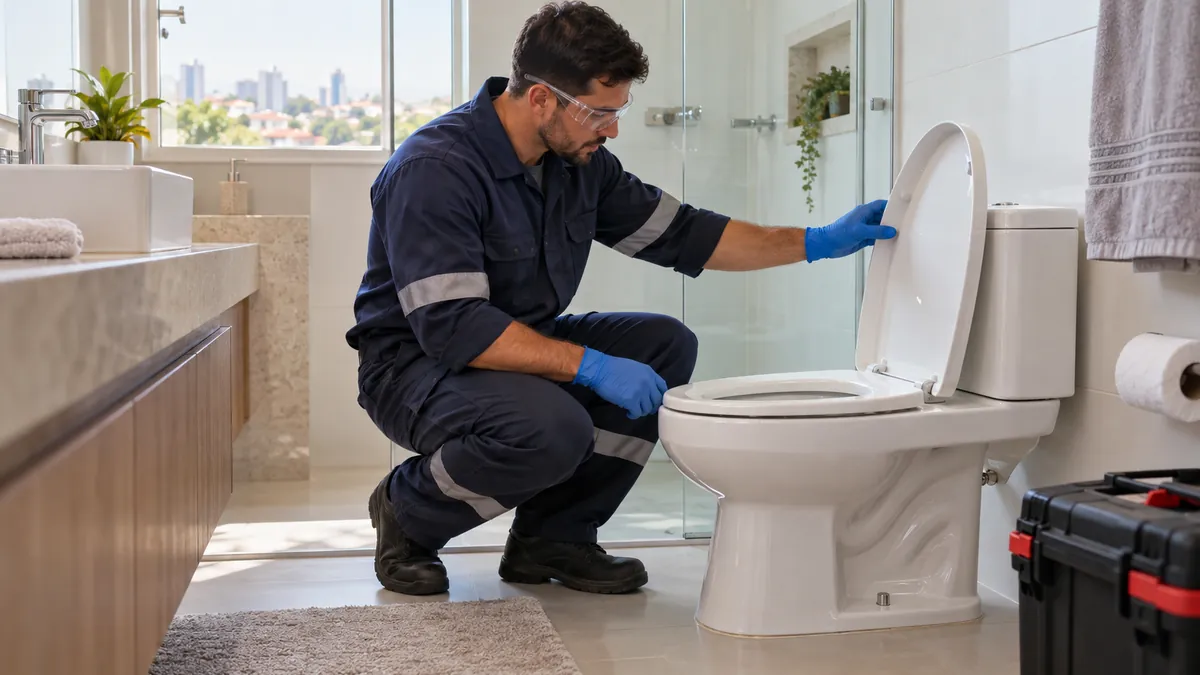 Profissional inspecionando vaso sanitário entupido em banheiro residencial
