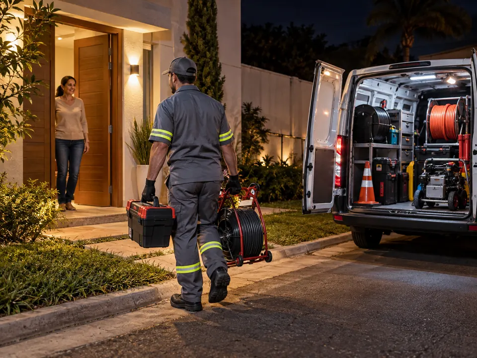 Equipe de desentupidora 24 horas chegando para atendimento noturno