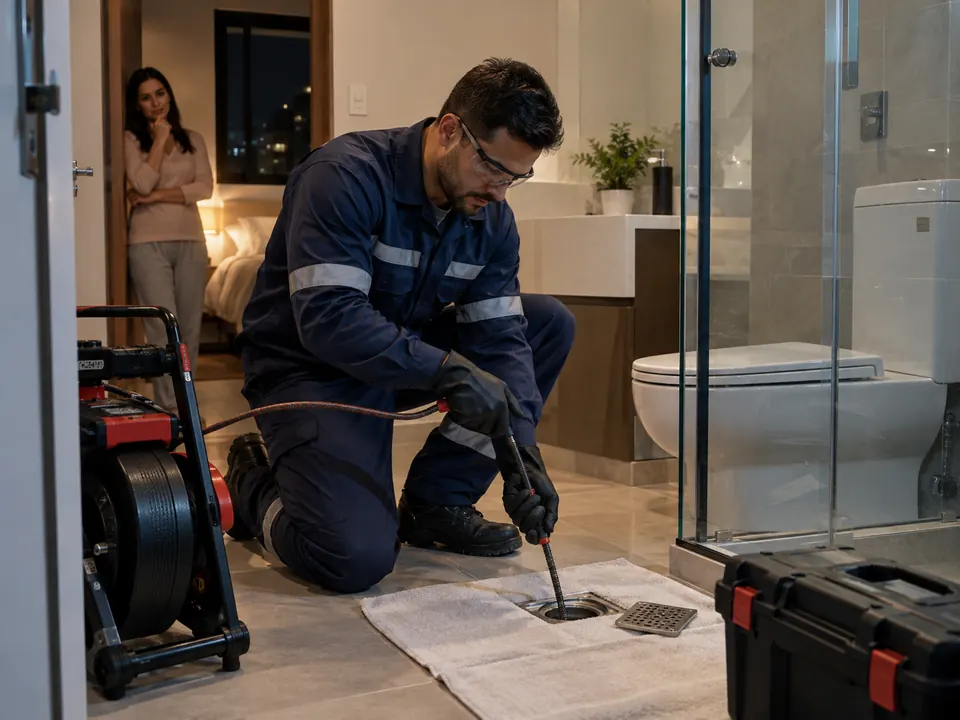Técnico realizando desentupimento emergencial durante a noite em Piracicaba