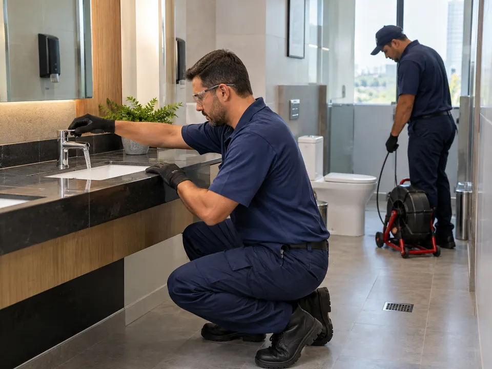 Equipe testando banheiro após desentupimento comercial