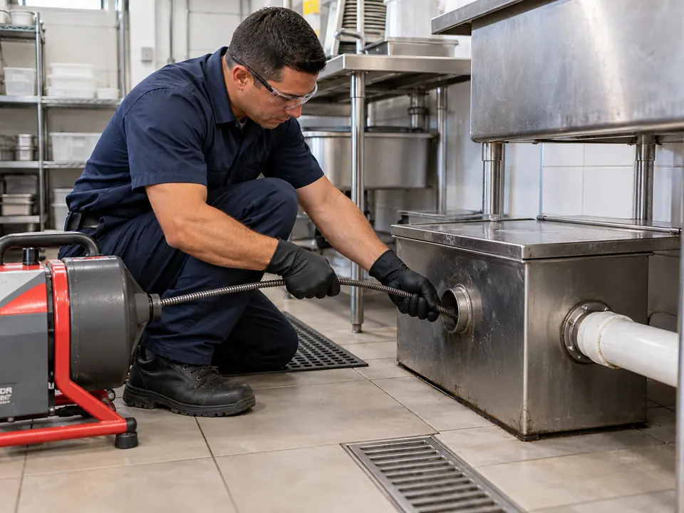 Técnico desentupindo caixa de gordura de restaurante em Piracicaba