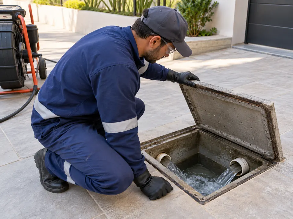 Caixa de inspeção residencial com fluxo normal após desentupimento