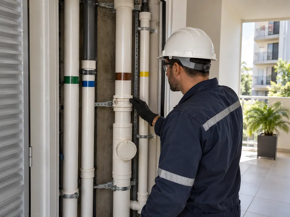 Técnico inspecionando colunas hidráulicas em edifício de Piracicaba