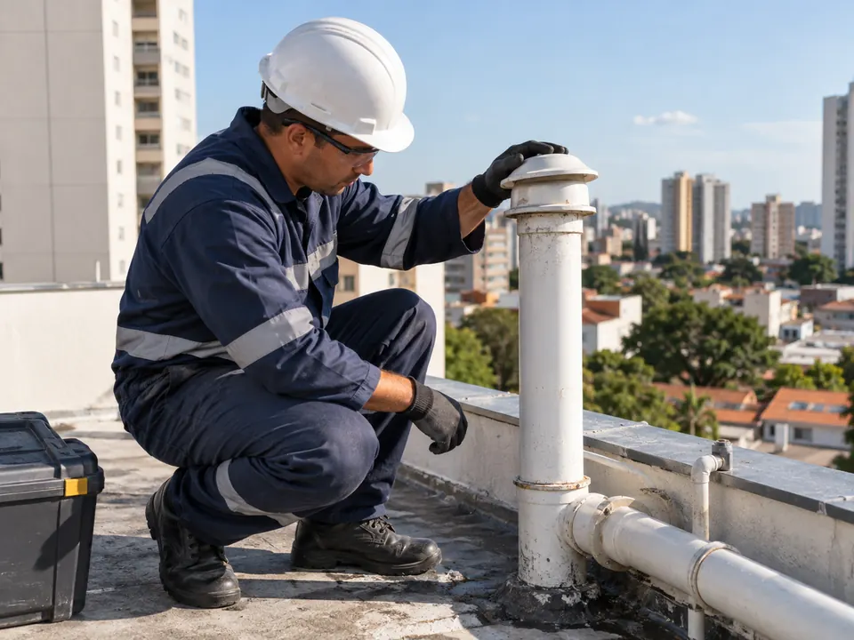 Profissional verificando ventilação da coluna hidráulica no telhado