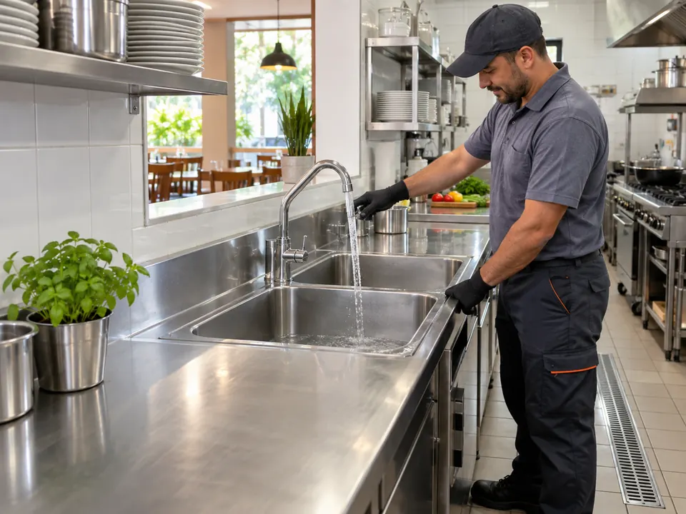 Pia de cozinha comercial funcionando após desentupimento profissional em Piracicaba