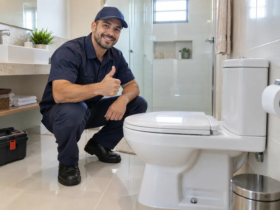 Técnico ao lado de vaso sanitário liberado após desentupimento em Piracicaba