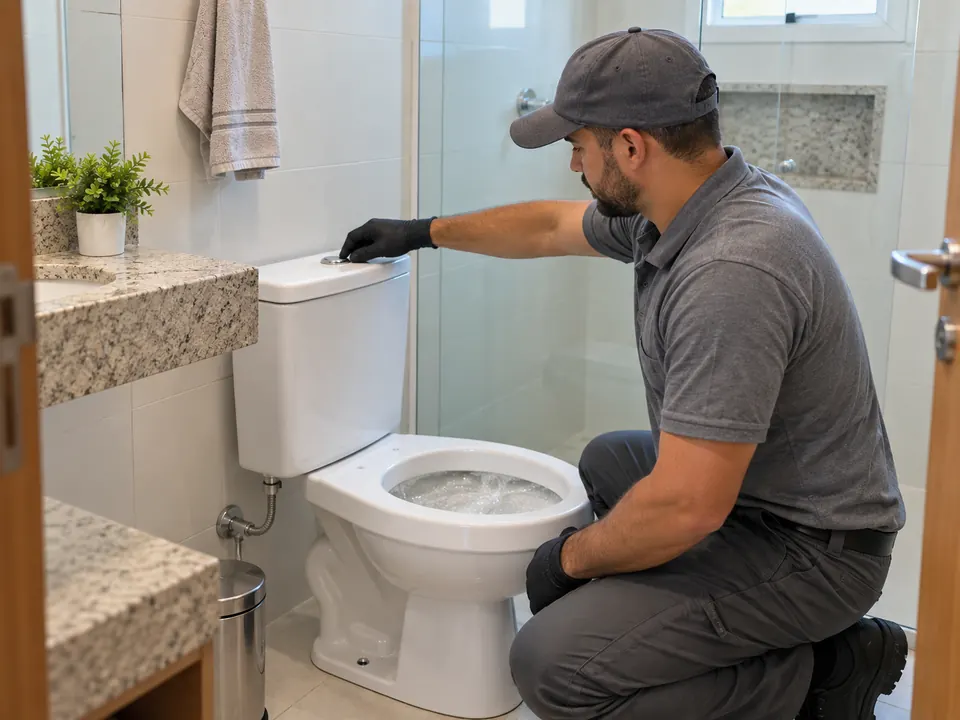 Profissional testando a descarga após desentupir vaso sanitário