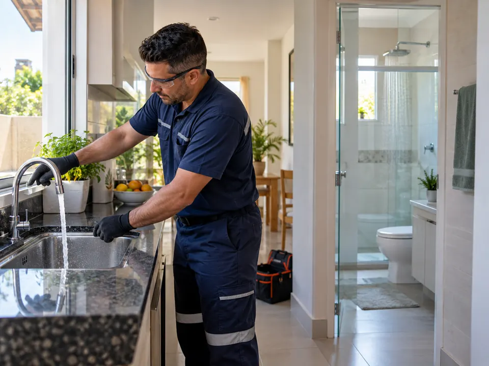 Técnico testando pia após desentupimento residencial em Piracicaba