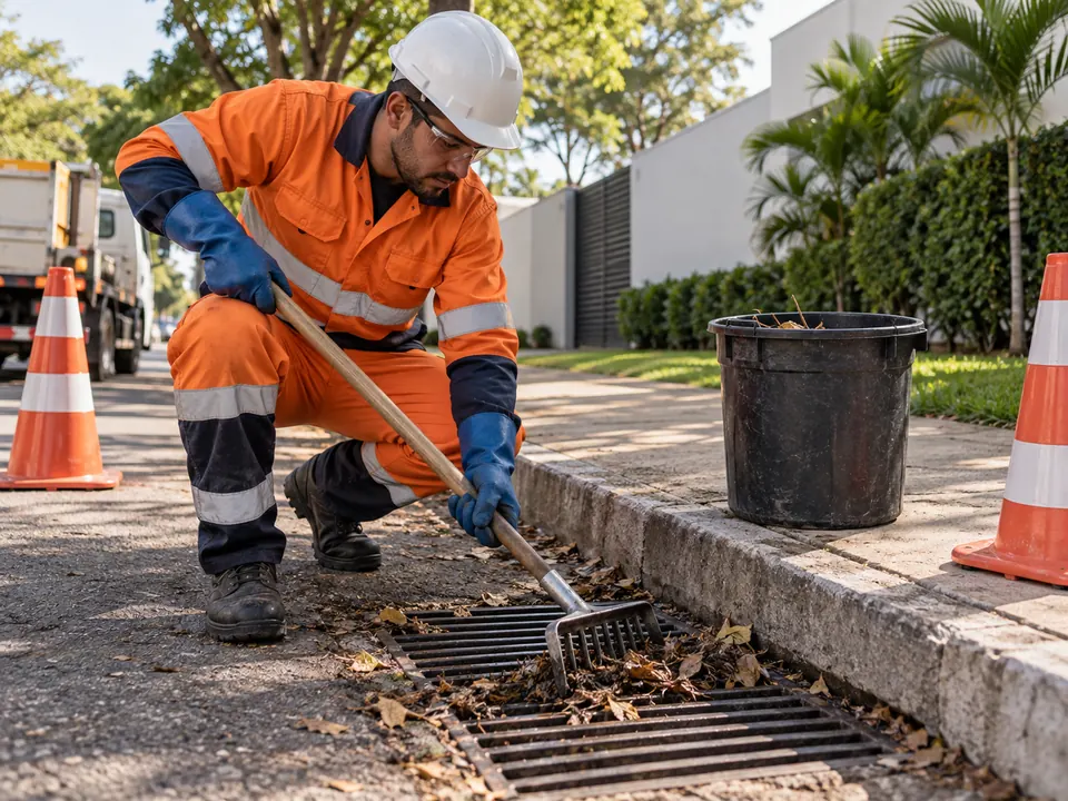 Técnico removendo folhas durante desobstrução de rede pluvial
