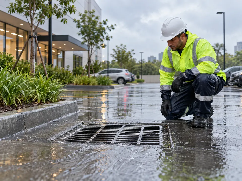 Rede pluvial drenando a chuva normalmente após desobstrução em Piracicaba