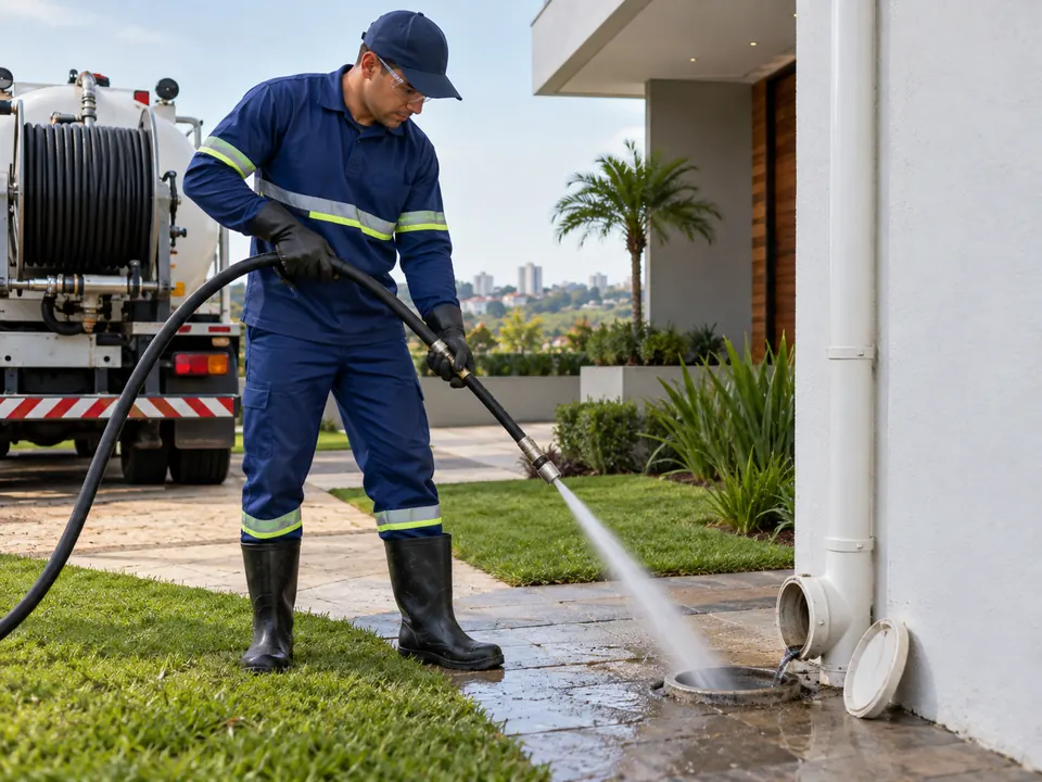 Técnico realizando hidrojateamento profissional em tubulação