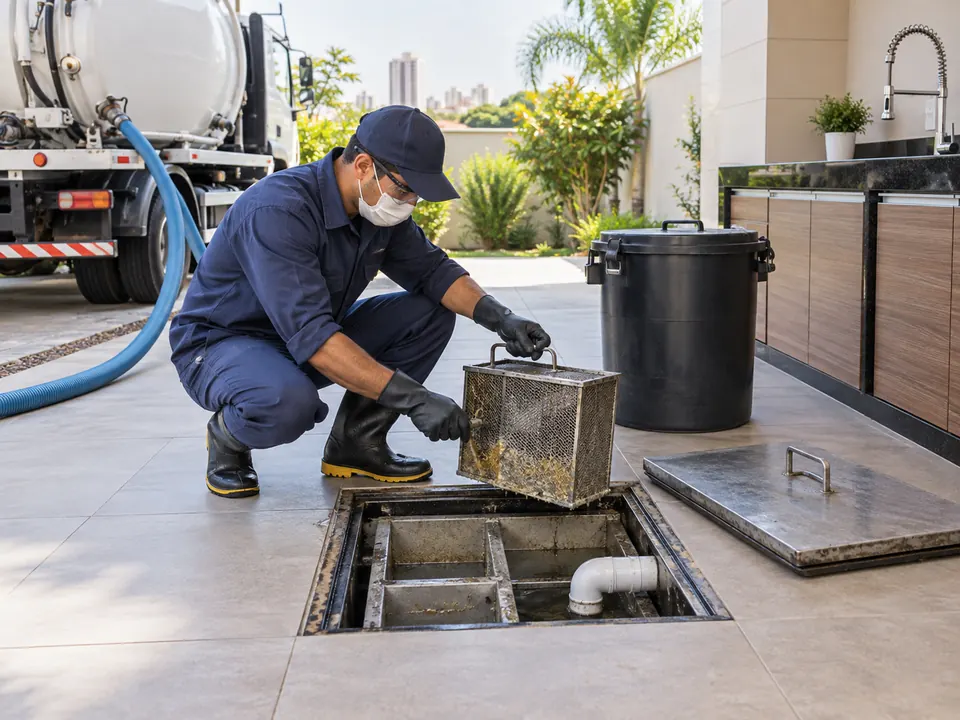 Profissional realizando limpeza de caixa de gordura residencial