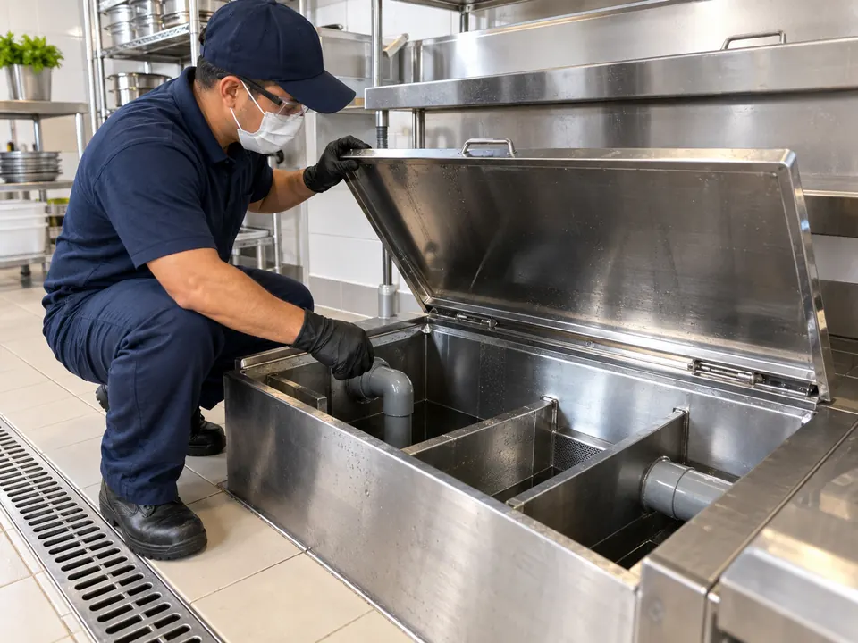 Limpeza técnica de caixa de gordura em cozinha comercial de Piracicaba