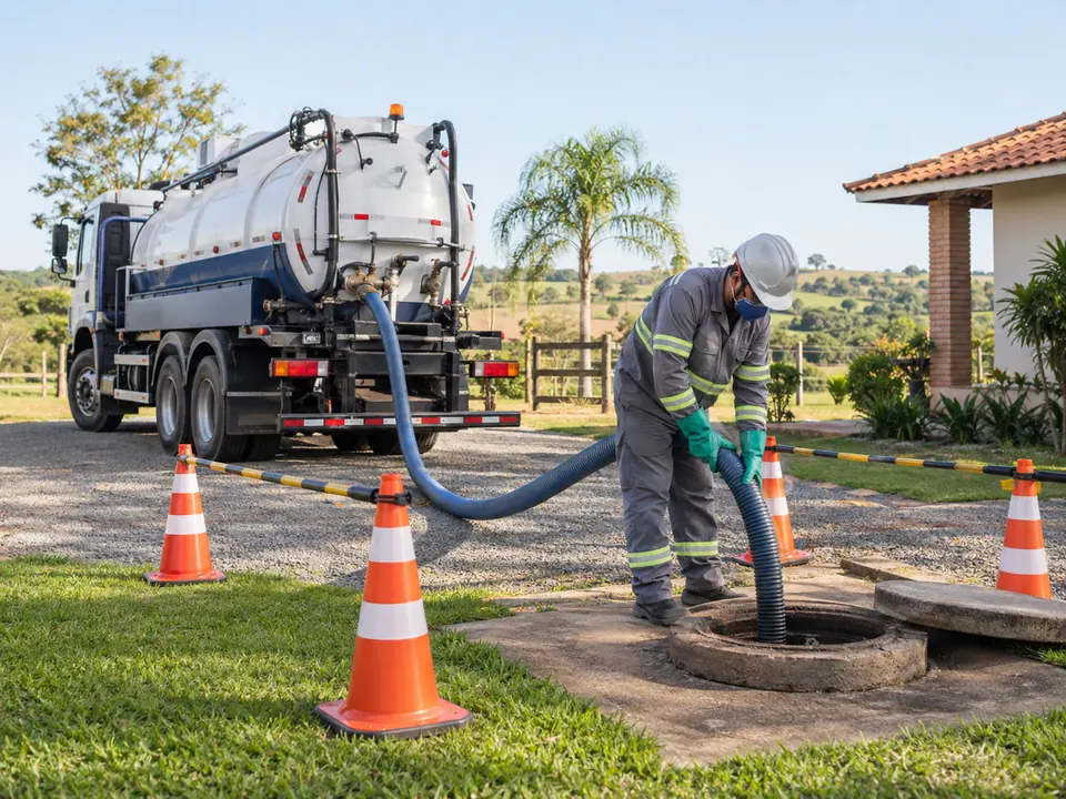 Caminhão e técnico preparados para limpeza de fossa em Piracicaba