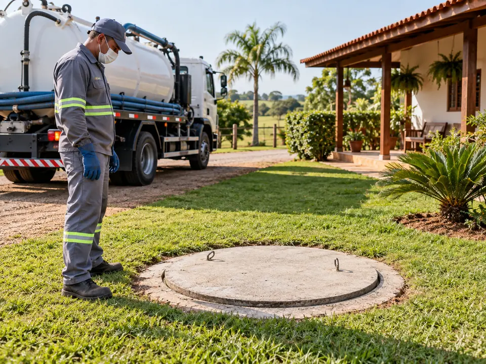 Técnico fechando a fossa após limpeza e organização da área