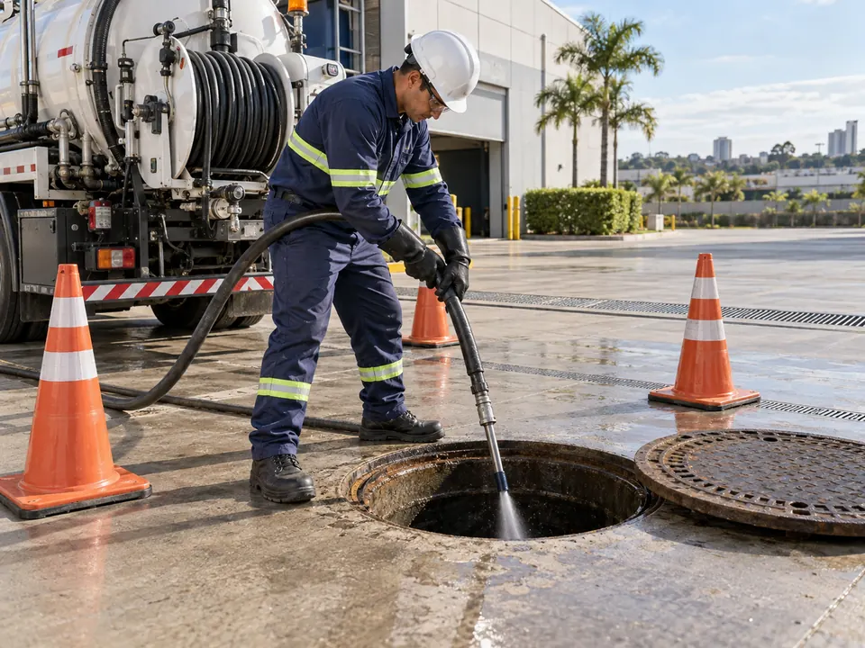 Técnico realizando limpeza de rede de esgoto em imóvel comercial